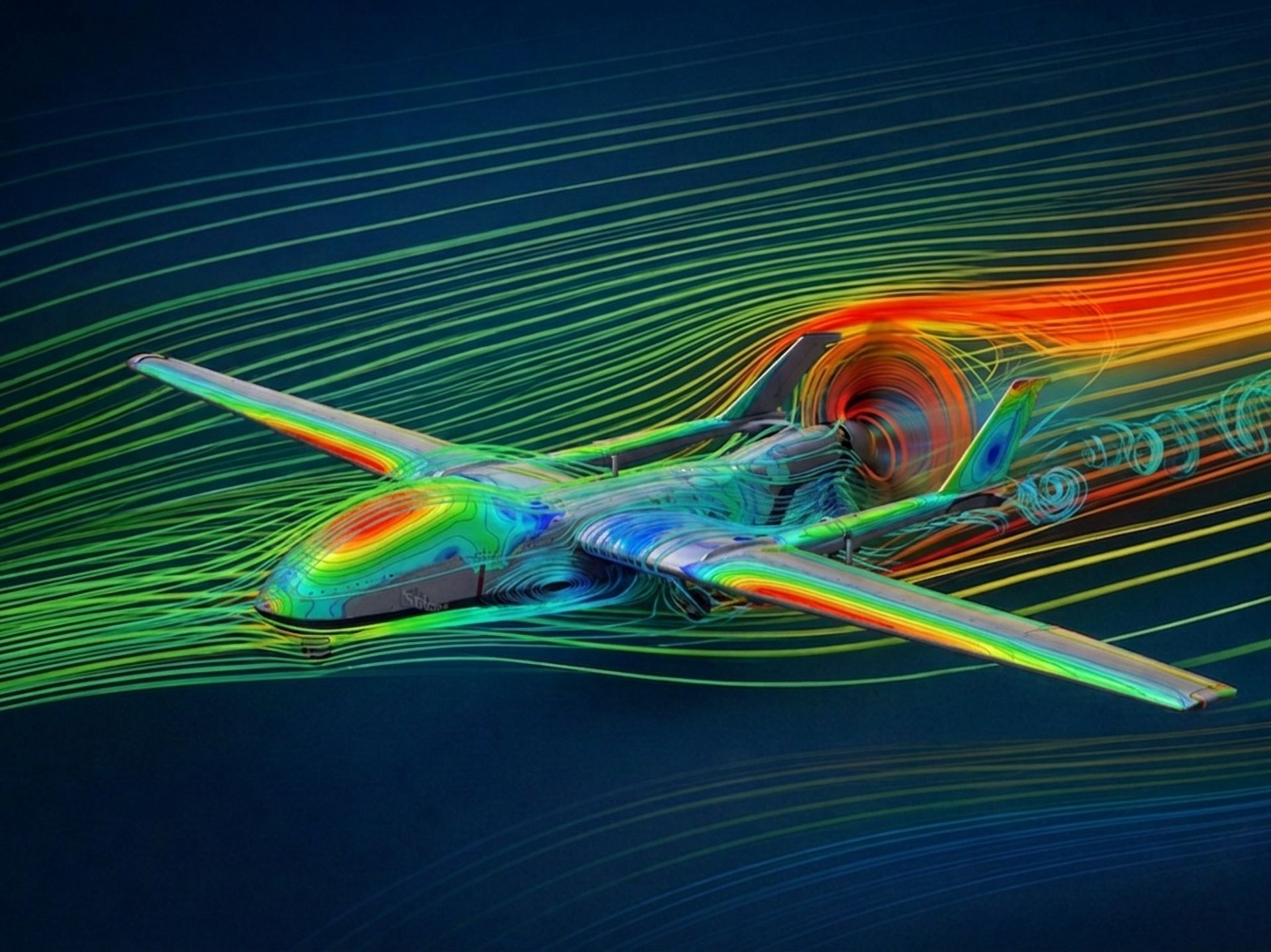 CFD simulation of an aircraft showing surface pressure contours and coloured airflow streamlines