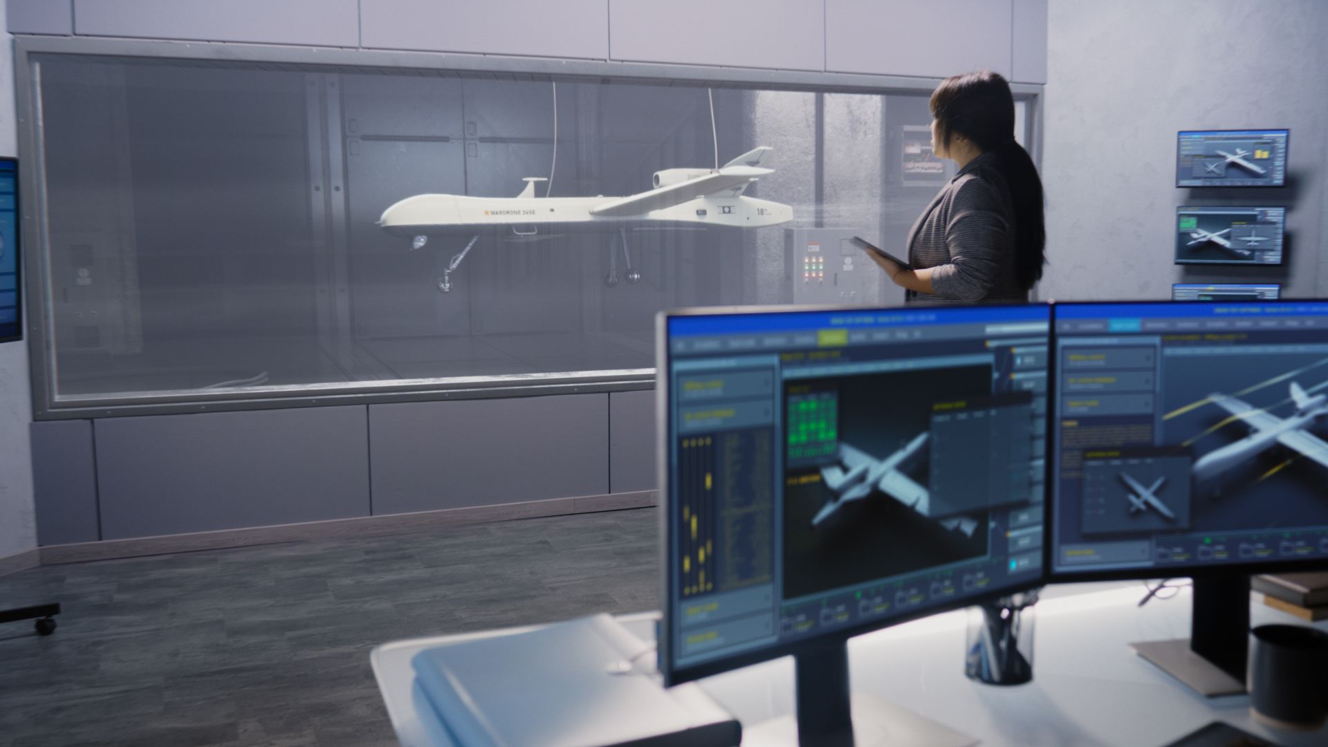 Engineer monitoring a UAV aerodynamic test in a wind tunnel alongside CFD analysis screens