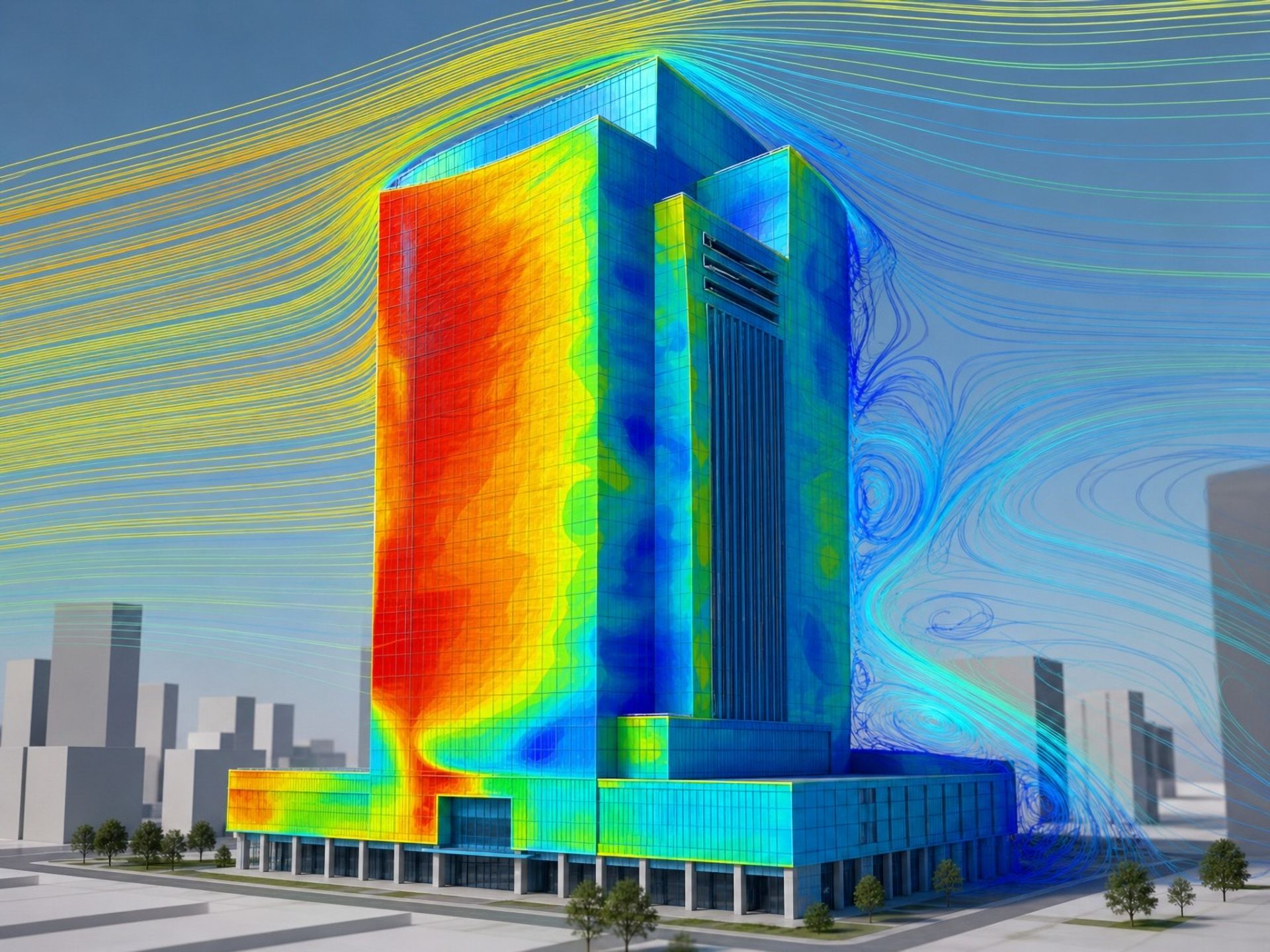 CFD wind load simulation of a high-rise building showing facade pressure contours and wake streamlines
