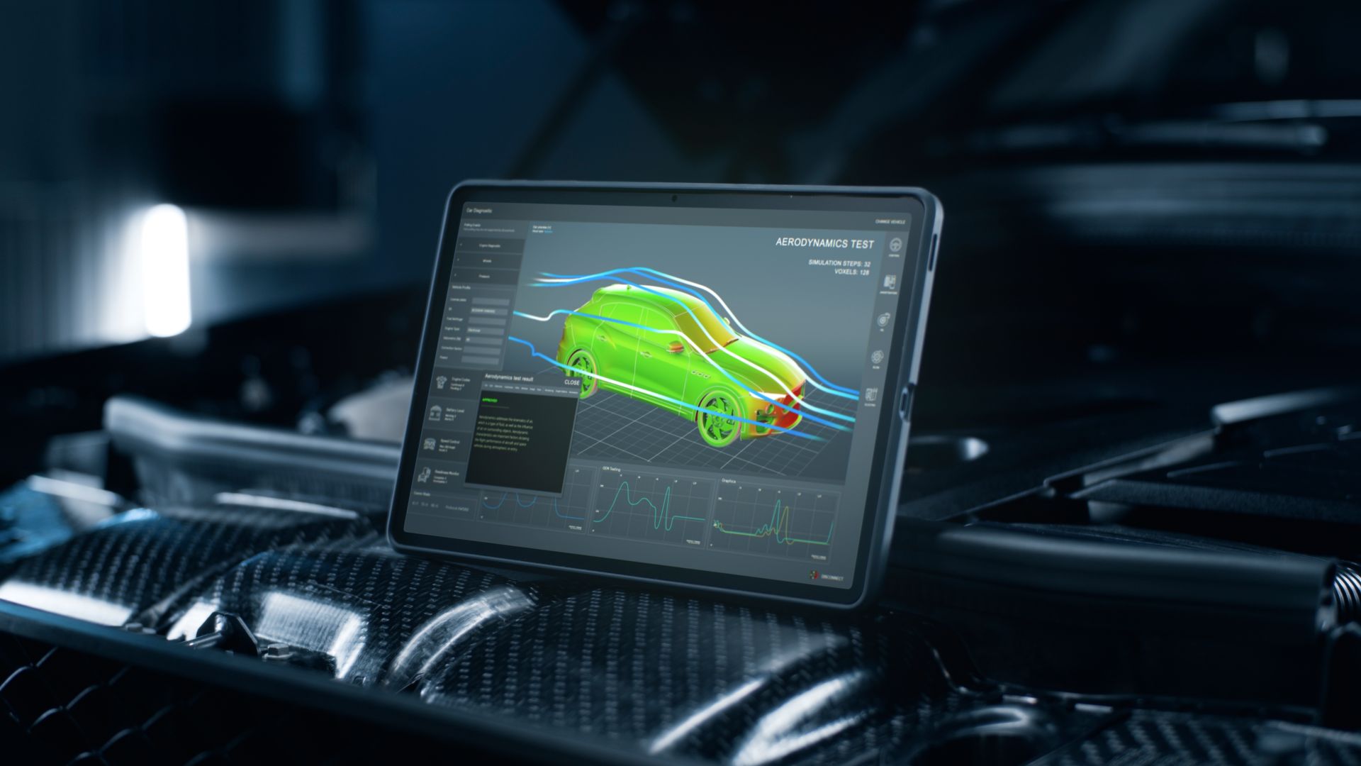Tablet displaying a CFD aerodynamics simulation of a car with coloured pressure contours and airflow streamlines