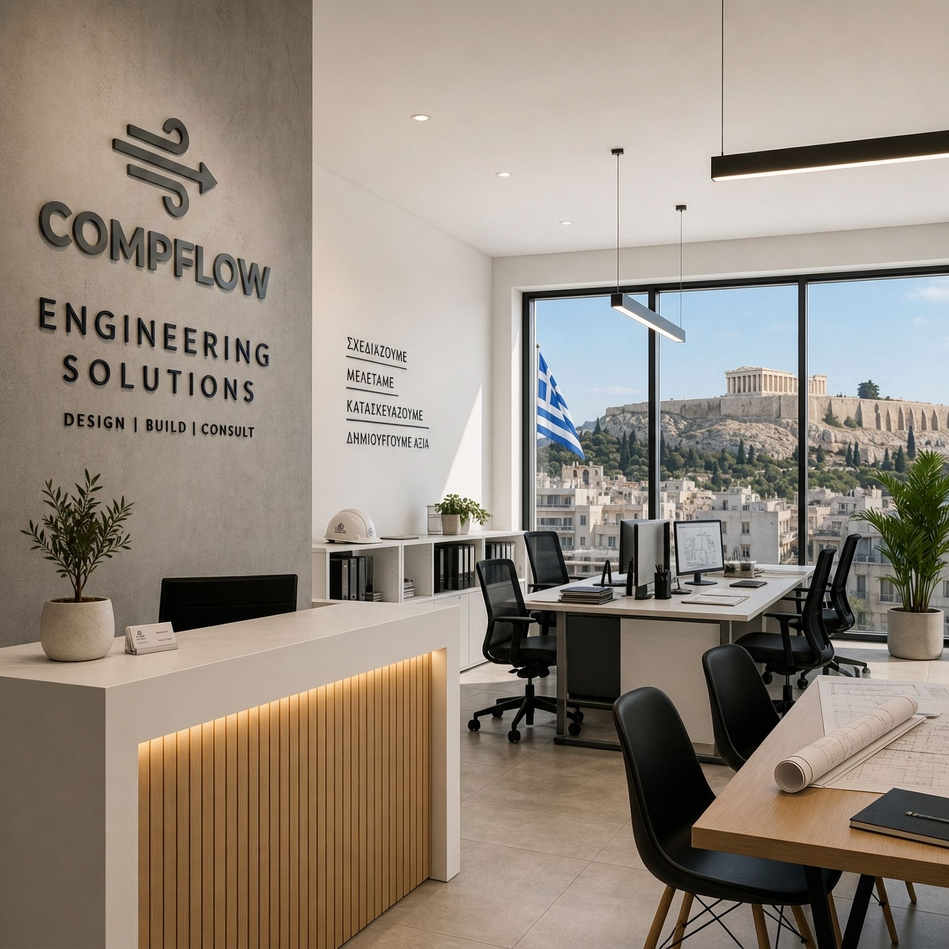 CompFlow engineering office reception in Athens with a view of the Acropolis