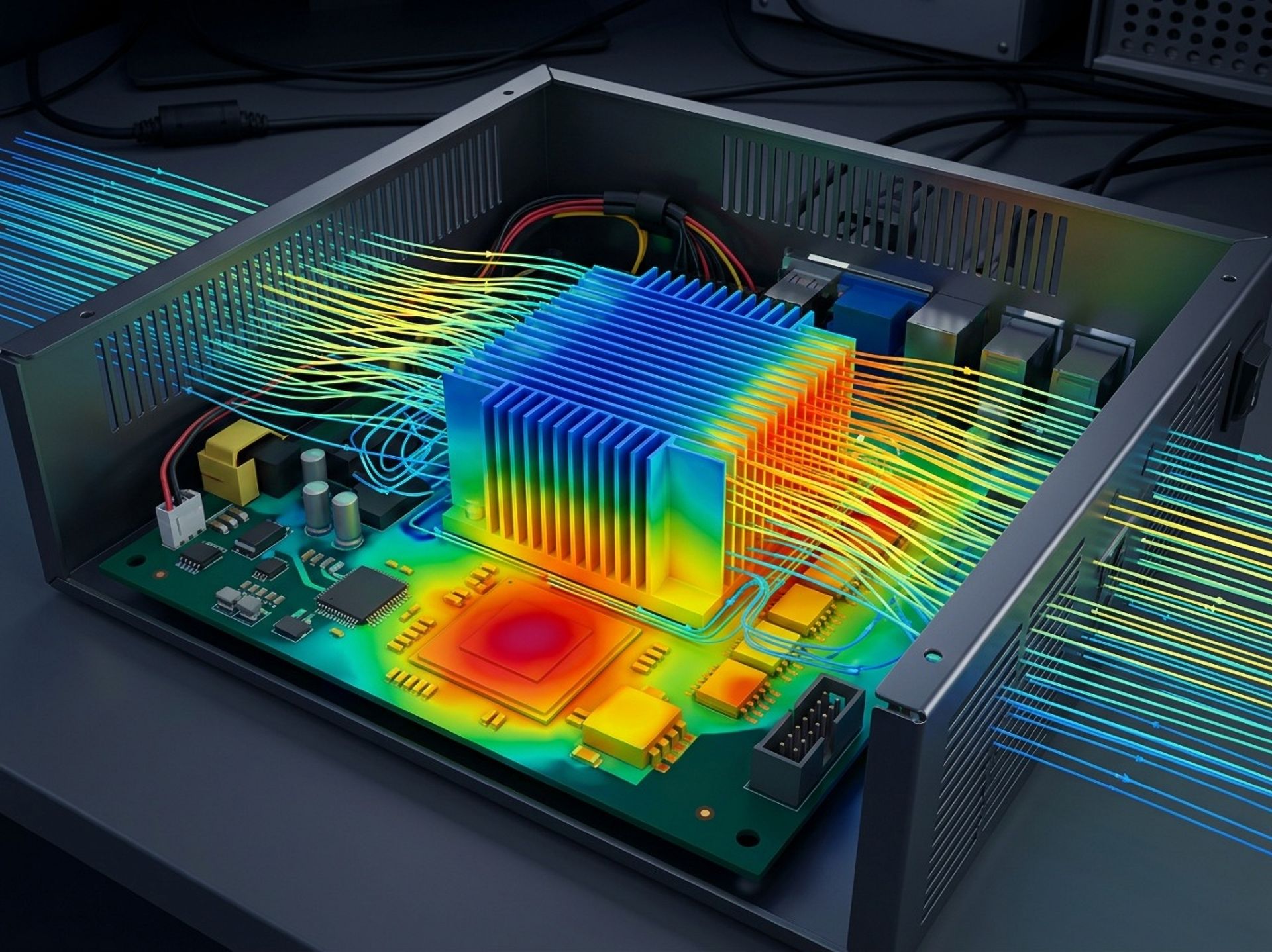 CFD thermal simulation of an electronics enclosure showing heat sink temperature contours and cooling airflow streamlines