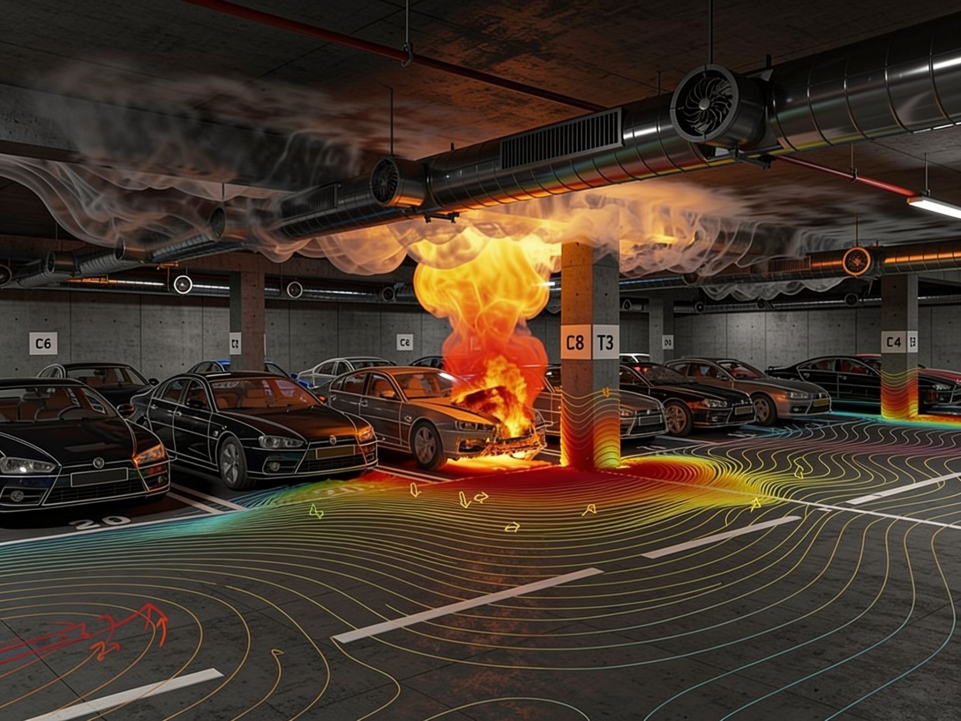 CFD fire and smoke propagation simulation of a car fire in an underground car park with ventilation ducts and temperature contours