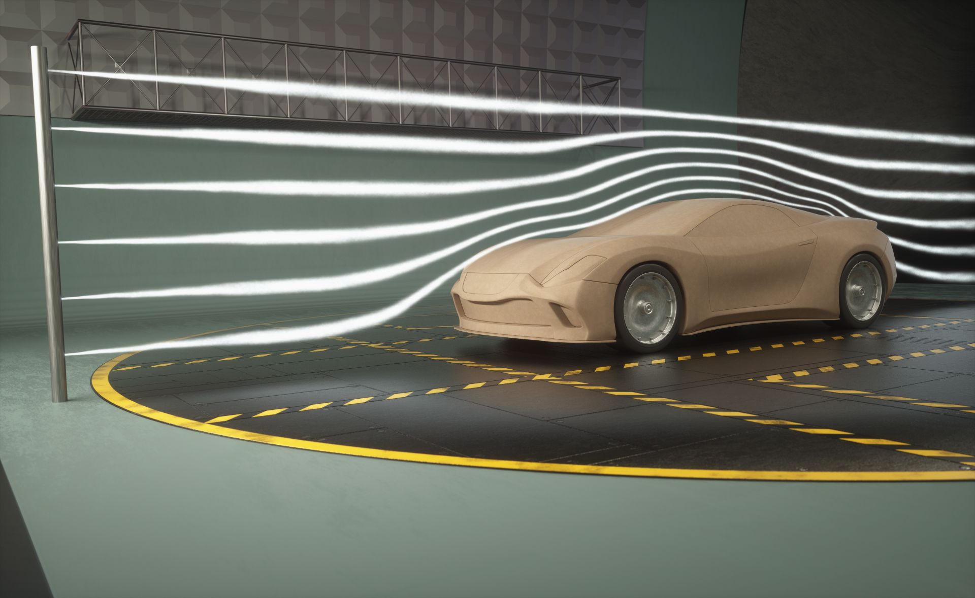 Clay car model in a wind tunnel with visible airflow streamlines during a flow measurement test