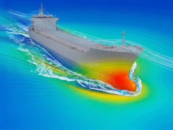 Marine hull resistance CFD simulation showing the free-surface wave pattern